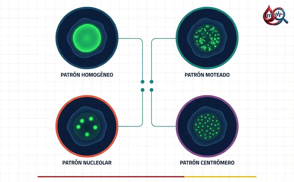 Cuatro núcleos con fluorescencia verde de ANA sobre fondo oscuro: patrón homogéneo, moteado, nucleolar y centrómero