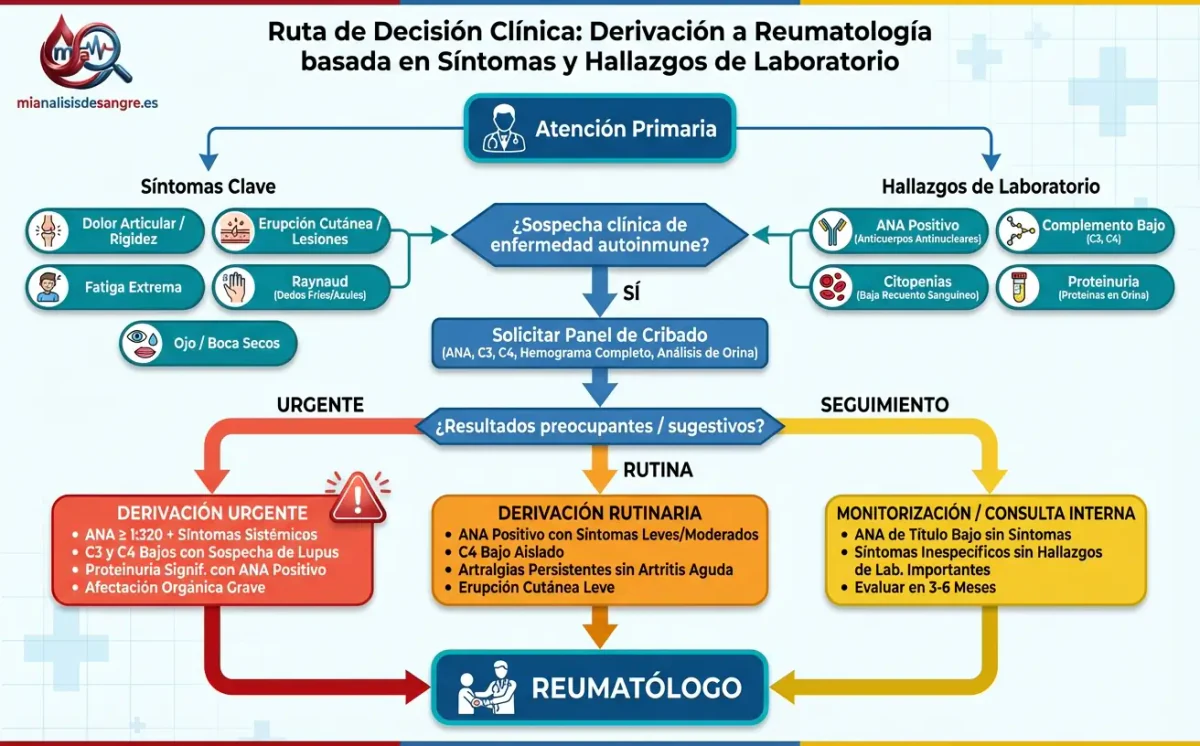 Diagrama de flujo de atención primaria al reumatólogo, con síntomas, análisis y tres niveles: urgente, rutina y seguimiento