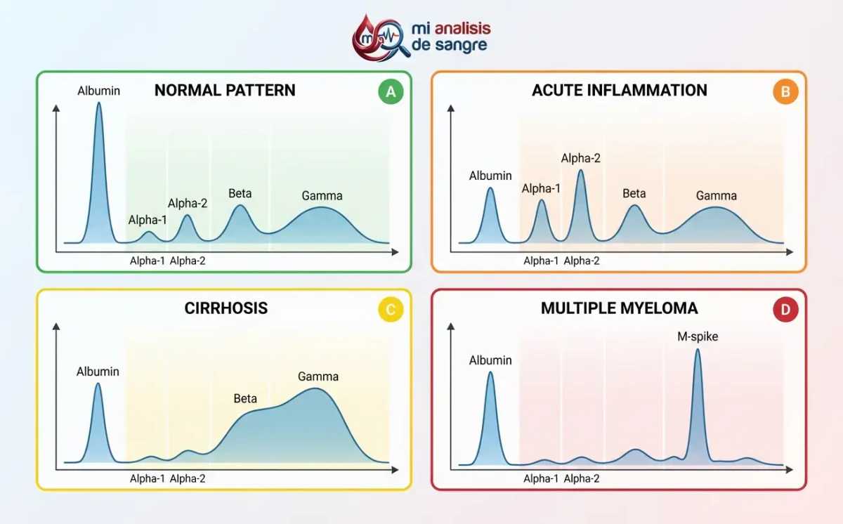Cuatro trazados de electroforesis rotulados en inglés: normal, inflamación aguda, cirrosis y mieloma múltiple con pico M