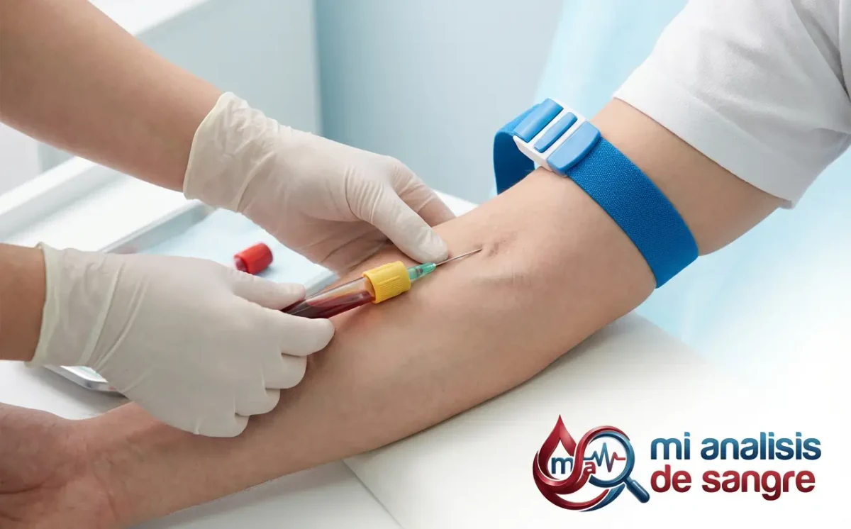 Manos con guantes durante una extracción de sangre en el antebrazo, con torniquete azul, aguja y tubo que se llena