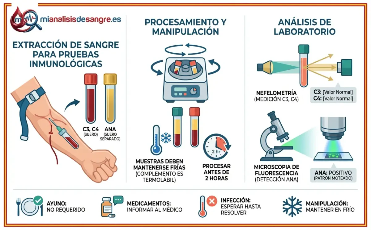 Pruebas inmunológicas: extracción venosa, tubos de C3, C4 y ANA, centrífuga, nefelómetro y microscopio de fluorescencia
