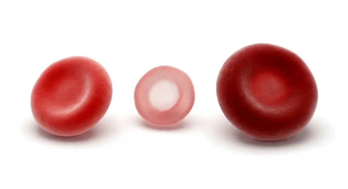 Índices eritrocitarios en tres glóbulos rojos: uno de tamaño medio, otro pequeño y pálido y otro grande y oscuro