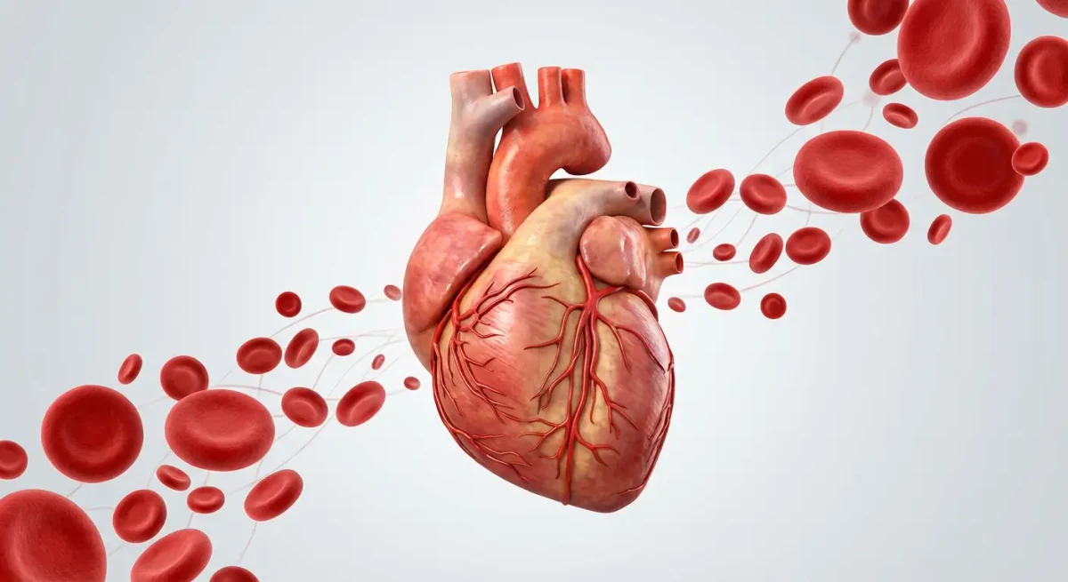 Corazón anatómico con sus arterias coronarias en el centro y una corriente de glóbulos rojos que lo atraviesa en diagonal