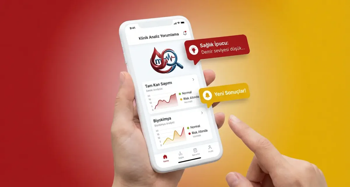 Mano que sostiene un móvil con una app de análisis clínicos: gráficas de hemograma y bioquímica y avisos de resultados nuevos