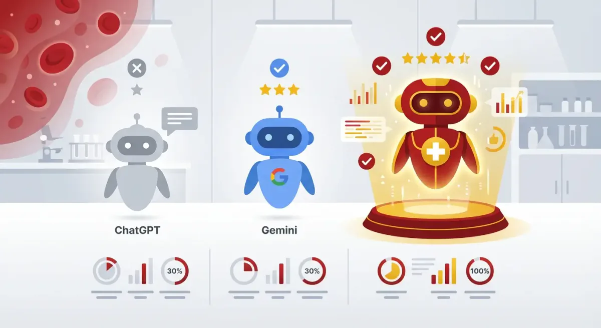 Comparativa de tres robots en un laboratorio: uno gris rotulado ChatGPT, otro azul rotulado Gemini y uno rojo en un pedestal