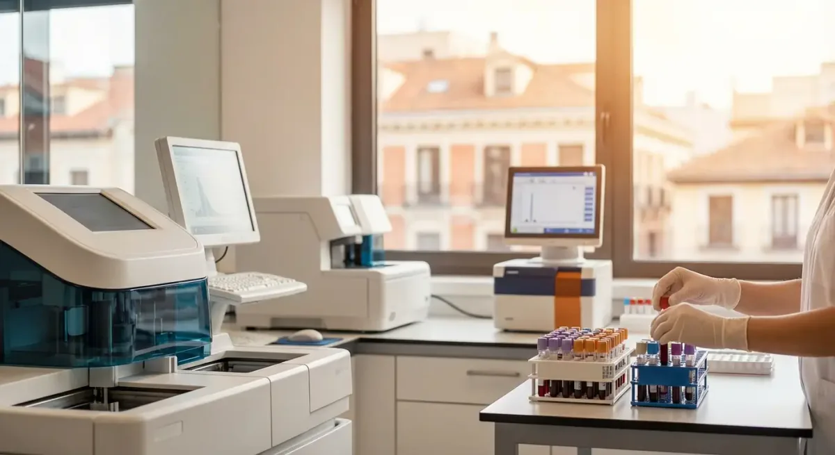 Laboratorio con analizadores automáticos y monitores, y manos con guantes que colocan tubos de sangre en gradillas