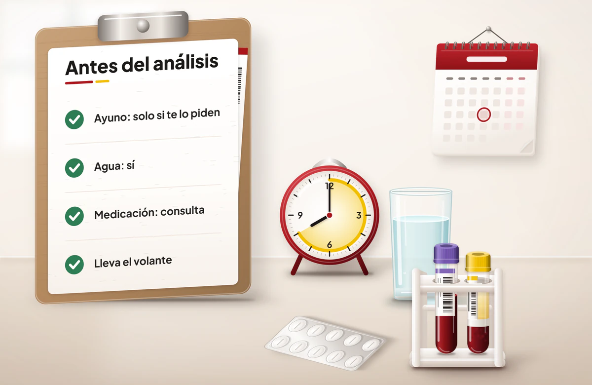 Lista de ayuno e hidratación en un portapapeles, reloj con 8 horas de ayuno, vaso de agua, tubos en gradilla y un blíster