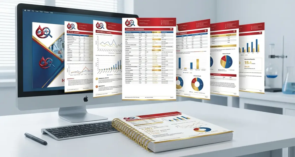 Monitor y cuaderno con resultados de análisis de sangre en PDF: tablas, gráficos de barras y diagramas circulares