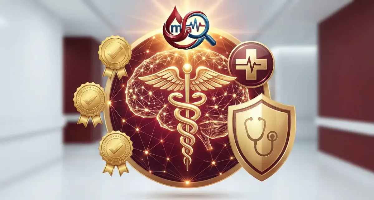 Caduceo dorado sobre un cerebro en red con tres medallas, una cruz médica, un escudo con estetoscopio y el logotipo
